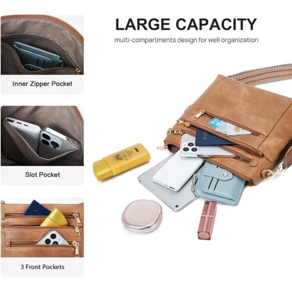 Women Faux Leather Crossbody Bag Khaki - Picture 3 of 5